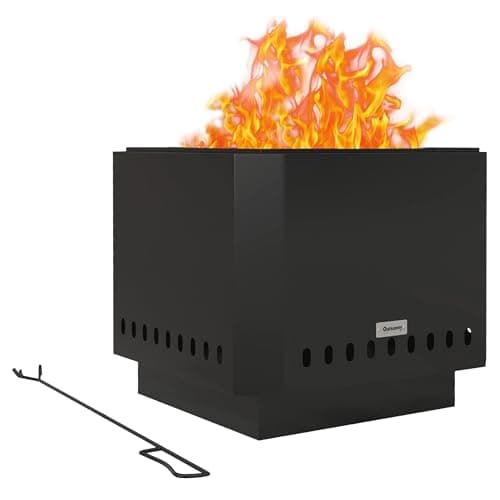 Image of Outsunny Smokeless Fire Pit, 48 cm Portable Wood Burning Firepit, Square Metal Bonfire Stove with Poker for Garden, Camping, Black