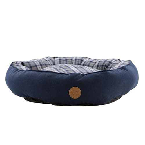 Image of Ancol Dog Donut Bed in Blue and Grey Tartan - Comfortable Indoors Snuggle Pad with Raised Rim - Cosy Puppy Mat Sleeping Place - 70cm