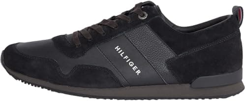 Image of Tommy Hilfiger Men Iconic Leather Suede Mix Runner Trainers Athletic, Black (Black), 41 EU