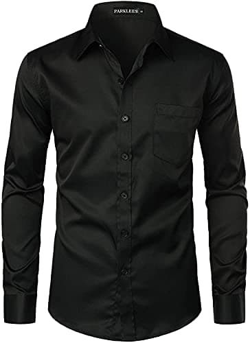 Image of PARKLEES Men's Urban Stylish Casual Business Slim Fit Long Sleeve Button Up Dress Shirt with Pocket Black XXL