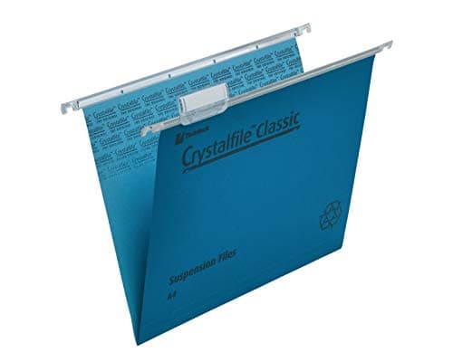 Image of Rexel A4 Suspension Files with Tabs and Inserts for Filing Cabinets, 15 mm V base, 100 Percent Recycled Manilla, Blue, Crystalfile Classic, Pack of 50, 78160
