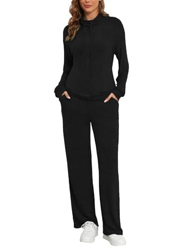 Image of Famulily Cowl Neck Womens Tracksuit Sets Drawstring Long Sleeve Pullover Top and Elastic Waist Wide Leg Pants with Pockets Black S