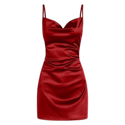 Image of Dresses for Women UK Women's Satin Sleeveless Spaghetti Strap Mini Dress Sexy Slip Cowl Neck Silky Dresses 2024 Bodycon Dresses for Women UK (Wine, L)