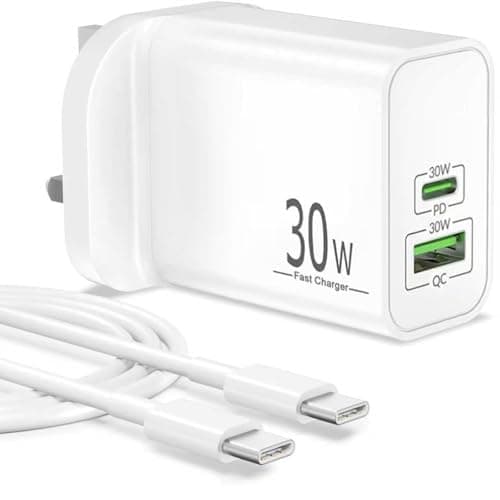 Image of 30W 2-Port Fast Charger for Google Pixel 10/9 Pro XL Fold 9a/8/8a/7/6/5/4/3, iPhone 17 16 15, Samsung Galaxy S25 S26, USB C Plug UK Charging Block PD-30W QC-30W Wall Power Adapter + 2M Type C Cable