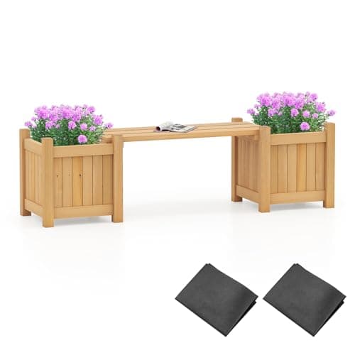 Image of TANGZON Wood Planter Box with Bench, Raised Garden Bed with Seat & Open-ended Base, Outdoor Flower Planter Kit Patio Decor Bench for Garden Yard Balcon (Natural,2 Planter Box, 105 x 26 x 30 cm)