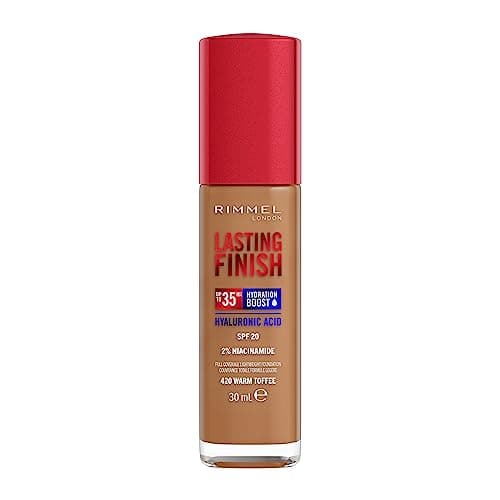 Image of Rimmel Lasting Finish 35Hr Foundation 420 Warm Toffee, Full Coverage, Hydrating, SPF20, Hyaluronic Acid, Vitamin E, 2% Niacinamide, All Day Wear, Vegan, Cruelty Free