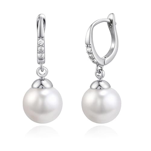 Image of Weviway Silver Pearl Drop Earrings, CZ Crystal Huggie Hoops with 10mm White Pearl, Elegant Women's Jewellery