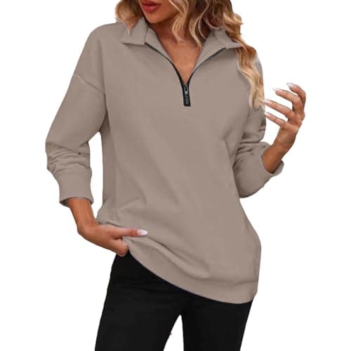 Image of HUIFUAO Womens Long Sleeve Tops Half Zip Ladies Sweatshirts Plus Size V Neck Pullover Black Basic T Shirt Tunic (Brown, M)