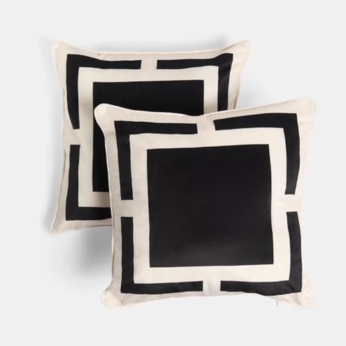 Image of OHS 2 Pack Cushion Covers 45 x 45 Square Print, Matte Velvet Soft Decorative Square Throw Pillow Cover with Invisible Zipper Home Decoration Cushion Covers for Living Room Bedroom, Black/Cream
