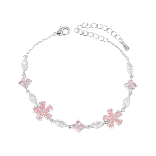 Image of IMINI Pink Crystal Cherry Blossom Bracelet for Women Girls, Gold/Silver Plated Floral Chain Link with CZ Petals, Adjustable Sakura Charm Jewellery, Dainty Gift for Her (Silver)