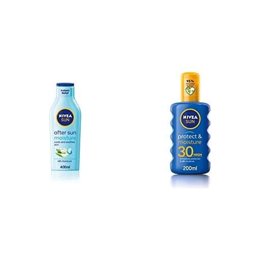 Image of NIVEA SUN After Sun Moisturising Soothing Lotion (400 ml), Cooling Moisturiser with Aloe Vera, Naturally Soothing After Sun Care & Sun Protect & Moisture Sun Spray SPF30 (200 ml)