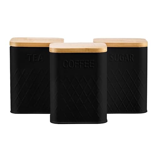 Image of Cooks Professional 3 Piece Tea, Coffee & Sugar Square Cannister Set with Bamboo Lids | Diamond Pattern Labelled Stainless Steel Kitchen Storage Bins Airtight Containers | Black