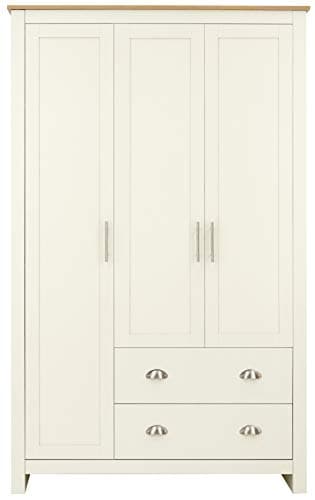 Image of GFW Lancaster 3 Door Bedroom Wardrobe Hanging Rails & 2 Storage Drawers, Country Cottage Styling, Contrast Oak Top. Cream (D180cm x W112cm x D52cm)