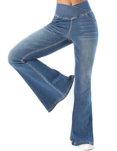 Image of Fengbay Pull on Wide Leg Jeans for Women UK, V Crossover High Waist Bootcut Jeans Ladies Stretchy Baggy Trendy Casual Denim Pant