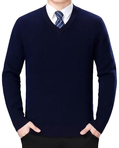 Image of FULIER Men's V-Neck Jumper Cashmere Knitted Pullover Casual Long Sleeve Sweater Basic Sweatshirt Winter Jumper (Navy, S)