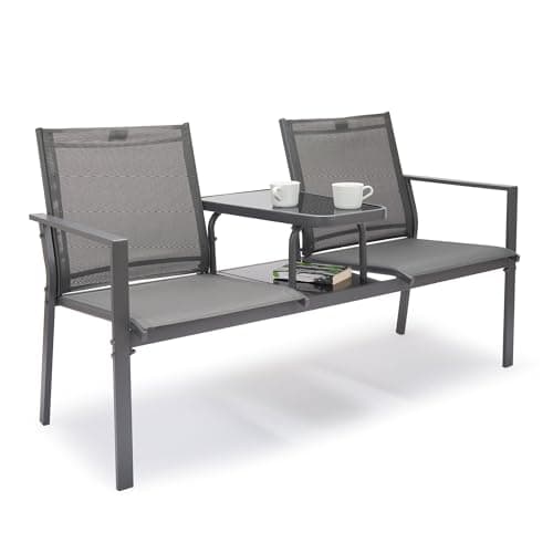 Image of Vonhaus Love Seat for Garden - Grey 2 Seater Textilene Jack & Jill Loveseat - Water-resistant Patio & Companion Set for Outdoor, Balcony & Terrace - 2 Tier Table Tete a Tete - Paris