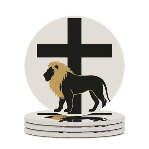 Image of 4PCS African Leo Lion King with Cross Coasters Non-Slip Round Drink Coasters with Ceramic Stone and Cork Base, Heat Resistant Absorbent 33.00Stone Coaster Set for Kinds of Mugs and Cups, 4 Inch