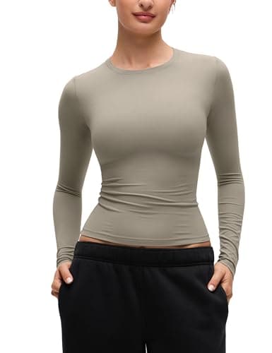 Image of CRZ YOGA Womens Softembrace Long Sleeve Soft Crew Neck Shirts Basic Stretchy Tight T-Shirts Casual Going Out Fall Fitted Tops Warm Ash Grey 10