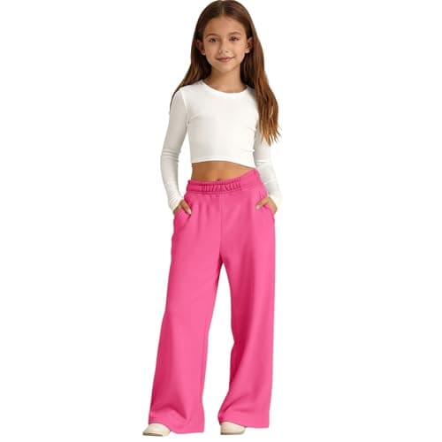 Image of Girls Oversized Wide Leg Joggers Sweatpants Fleece Athletic Joggers Drawstring Waist and Pockets Kids Baggy High Waist Straight Leg Track Pants School Trousers Solid Color (Hot Pink, 11-12 Years)