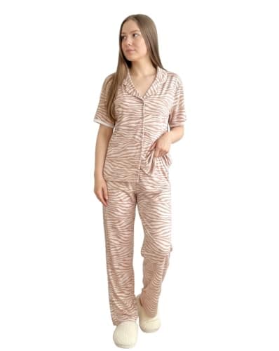 Image of Women's Plus Size Pyjamas Short Sleeve Shirt Wide Leg Piping PJ Set Zebra Animal Print Pink (Size 16-24) (UK, Numeric, 20, Plus, Regular, Pink)