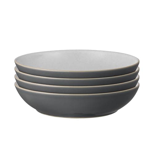 Image of Denby - Elements Fossil Grey Pasta Bowls Set of 4 - Dishwasher Microwave Safe Crockery 1050ml 22cm - Dark Grey, White Ceramic Stoneware Tableware - Chip & Crack Resistant