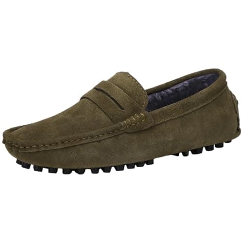 Image of Jamron Men's Suede Leather Penny Loafers Comfort Driving Shoes Moccasin Slippers Plush Lined Khaki 2088-2 UK9