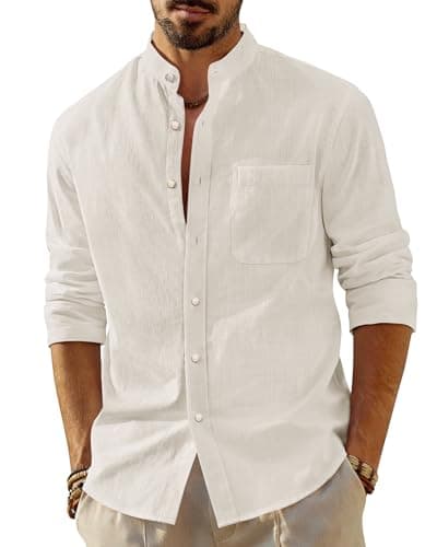 Image of J.VER Mens Linen Shirts Long Sleeve Beige Regular Fit Collarless Lightweight Summer Casual Button Down Shirt XL