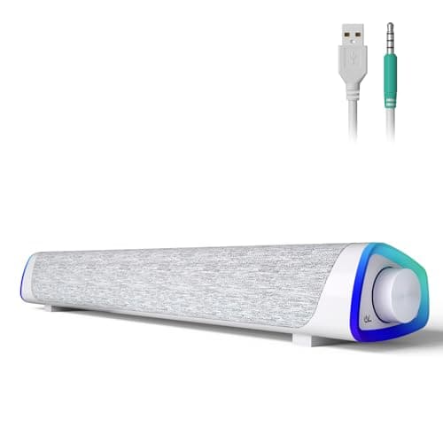 Image of SOULION R30 Computer Speakers, USB Powered Small PC Speakers, Colorful LED Lights with Switch Button, Surround Sound Portable Computer Sound Bar Speaker for Desktop Laptop, White