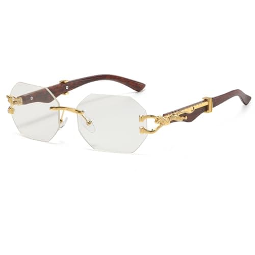 Image of Laurinny Retro Rimless Sunglasses for Women Men Polygon Gold Metal Frameless Rectangle Square Sun Glass(Gold/Clear)