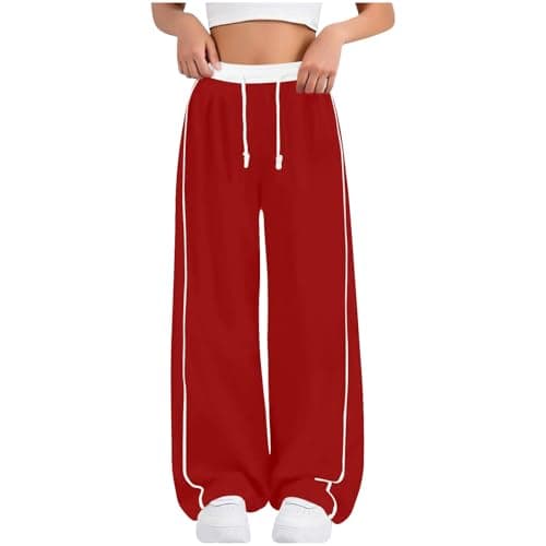Image of Boys Girls Wide Leg Joggers Baggy Elastic High Waisted Sweatpants, Kids Casual Thermal Jogging Bottoms Drawstring Sports Trousers Summer Pe School Preppy Clothes Red 14 Years