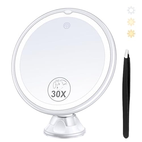 Image of MIYADIVA Magnifying Mirror with Light 30X, 30X Shaving Mirror for Bathroom, 3 Colors Modes and Adjustable Brightness, 360°Rotating Suction Cup mirror for Wall-Mounted Mirrors, 8 Inches