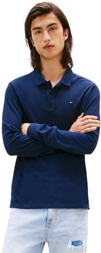 Image of Tommy Jeans Men's Long Sleeve Slim Placket Cotton Polo Shirt, Blue (Dark Night Navy), XS