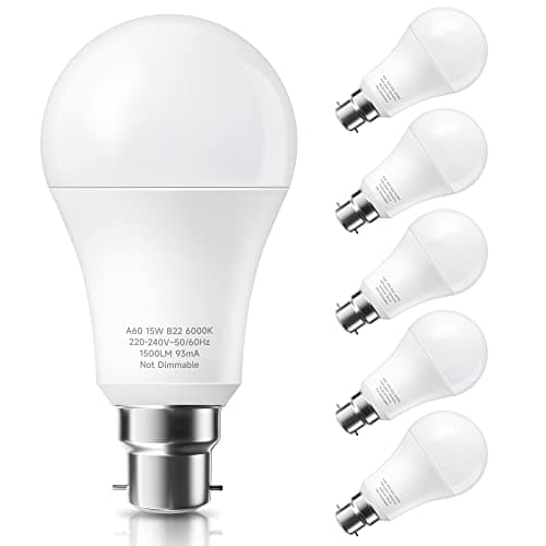 Image of PURSNIC B22 LED Bulbs, 15W B22 Bayonet Light Bulbs Equivalent to 150W Incandescent Bulb, Daylight White 6000K A60 GLS Frosted BC Bulbs, Super Bright 1500LM, 6 Pack