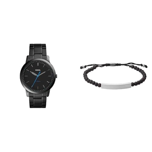 Image of FOSSIL Men's Minimalist Black Stainless Steel Watch and Ellis Semi-Precious Bracelet, Set