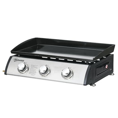 Image of Outsunny Gas Plancha Barbecue Grill with 3 Stainless Steel Burner, 7.5kW, Portable Tabletop Gas BBQ with Non-Stick Griddle and Lid for Camping Picnic Garden Party Festival
