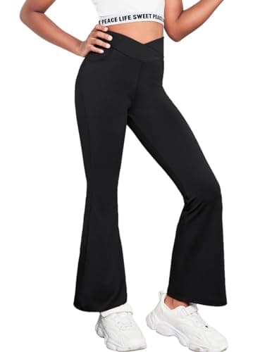 Image of Arshiner Girls School Trouser Flare Leggings High Waisted V Crossover Casual Yoga Bell Bottoms with Pockets Pants for Kid Black 150