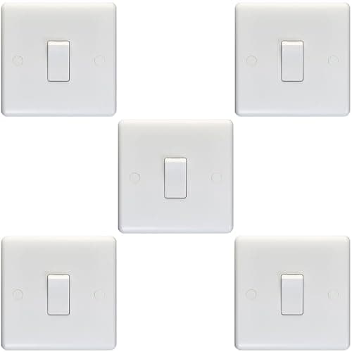 Image of 5 Pack 1 Gang Single 10A Light Switch 1 Way - White Plastic Wall Plate Rocker - Decorative Kitchen Living Room Bedroom Plate
