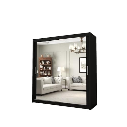 Image of DELUXEWARE 2&3 Sliding Door Wardrobe - Elegant Wardrobe with Double Full-Length Mirror, Hanging Rail & Shelves | Sleek Matt Finish Bedroom Wardrobes with Strong Mdf Construction (Black, 203cm)
