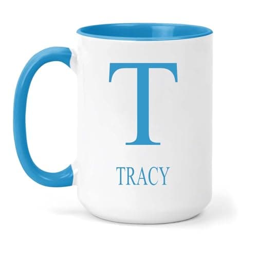 Image of grabmybits Tracy Personalized Initial Mug - Custom Name Ceramic Cup for Tea or Coffee Gift - Blue