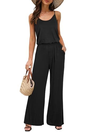 Image of OUGES Women Sleeveless Jumpsuits Wide Leg Pants Summer Casual Playsuit with Pockets(Black,L)
