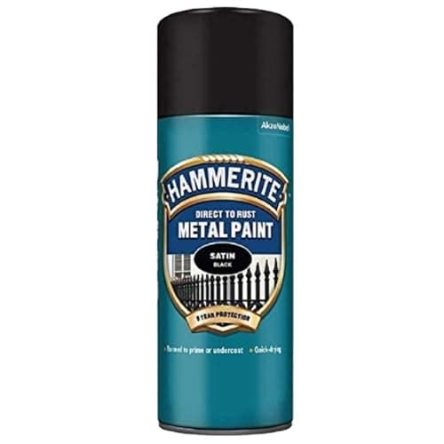 Image of Hammerite Spray Paint for Metal. Direct to Rust Exterior Black Metal Paint, Satin Finish. Corrosion Resistant Black Paint and Rust Remover, 8 Year Protection - 400ml Aerosol 0.5 SqM Coverage