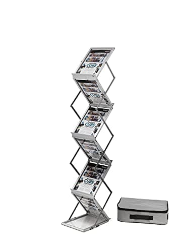 Image of Deflecto Foldable A4 Literature Display Stand Portrait - 6 Shelf for Exhibition, Brochure, Magazine File Holder - Lightweight Aluminum Frame with Bag, Silver