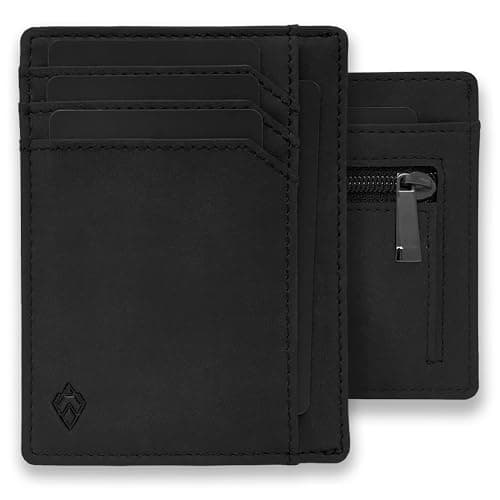 Image of AKIELO RFID Card Holder Wallet with Zip Coin Pocket and Gift Box – Ultra Slim Leather Credit Card Holder for Men – Small Minimalist Blocking Card Wallet (Bravo - Black Zip Edition)