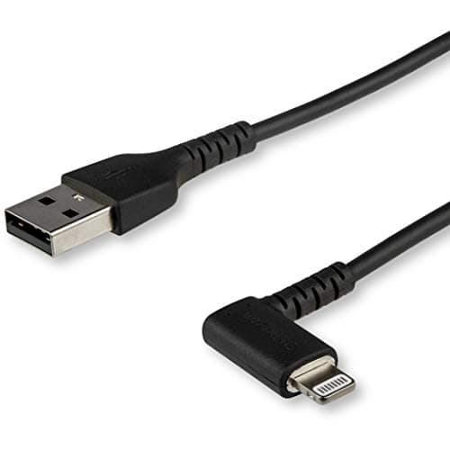 Image of StarTech.com 3ft (1m) Durable USB A to Lightning Cable - Black 90 Right Angled Heavy Duty Rugged Aramid Fiber USB Type A to Lightning Charging/Sync Cord - Apple MFi Certified - iPhone (RUSBLTMM1MBR)