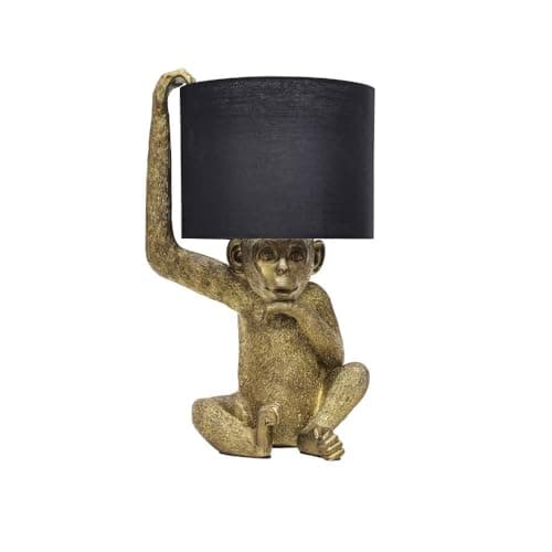 Image of firstchoicelighting Gold & Black Monkey Table Lamp or Bedside Light, Fabric Shade, Height 43cm, Retro Animal Lighting