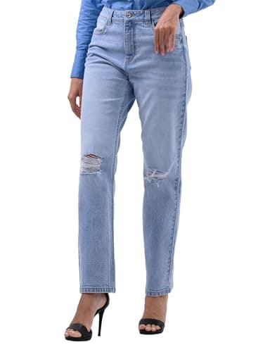 Image of Enorsia Womens Straight Fit Ripped Jeans with Zip Fly Closure, Denim Wash with Faded Look, Distressed On The Legs and Soft Cotton Fabric (Light Blue,14)