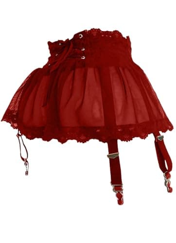 Image of MIZSPISE Women Sexy Suspender Mini Skirt with Panties Sheer Mesh Lace-up Mini Dress Lingerie Underwear Garter Belt (wine red, one size)