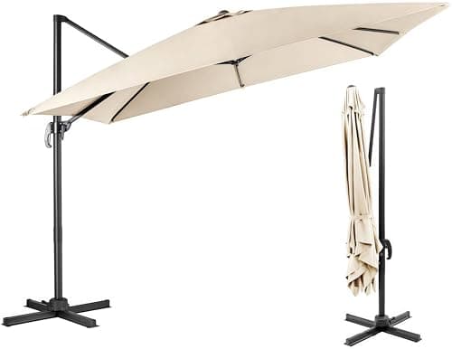 Image of TANGZON 3M Cantilever Garden Parasol, Heavy Duty Offset Patio Umbrella with Crank Handle, Cross Base & 360°Rotation, Outdoor Square Hanging Sun Shade Roma Umbrella (Beige)