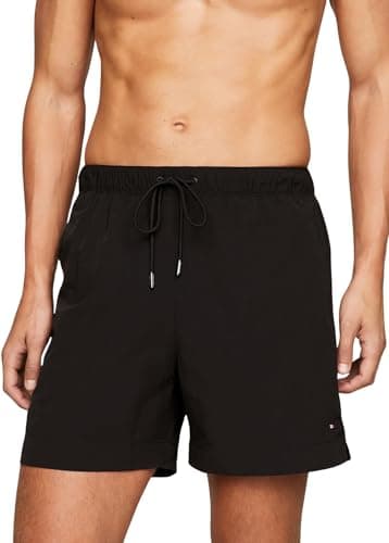 Image of Tommy Hilfiger Men’s Medium Drawstring Medium Length Swim Shorts, Black (Black), M