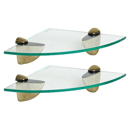 Image of Harbour Housewares Floating Glass Bathroom Corner Shelves - 20cm - Clear/Gold - 2x Wall-Mounted Kitchen Bedroom Shower Room Décor Caddy Towel Storage Organiser Shelving Rack with Brackets